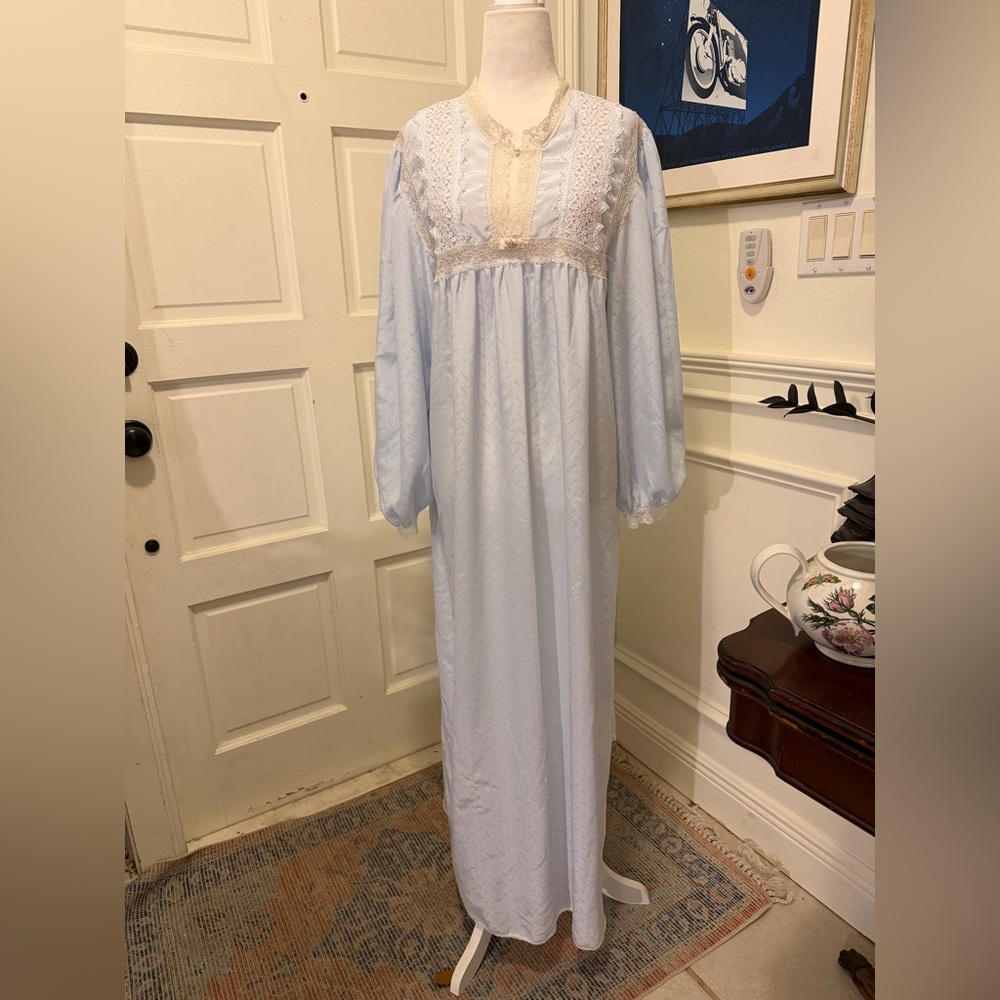 Vtg Christian Dior 70s Ice Blue Long Nightgown with Lace Trim - Sz L